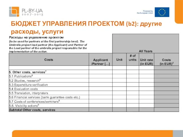 БЮДЖЕТ УПРАВЛЕНИЯ ПРОЕКТОМ (b2): другие расходы, услуги