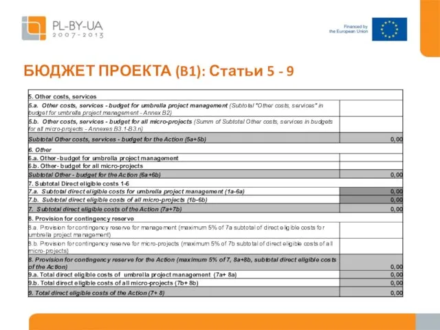 БЮДЖЕТ ПРОЕКТА (B1): Статьи 5 - 9