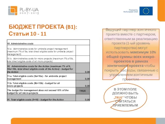 БЮДЖЕТ ПРОЕКТА (B1): Статьи 10 - 11 Ведущий партнер зонтичного проекта вместе