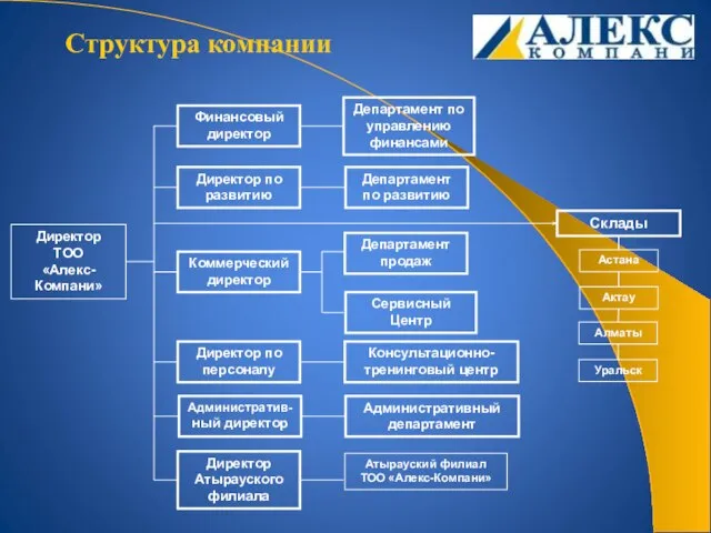 Структура компании Директор ТОО «Алекс-Компани» Финансовый директор Директор по развитию Коммерческий директор