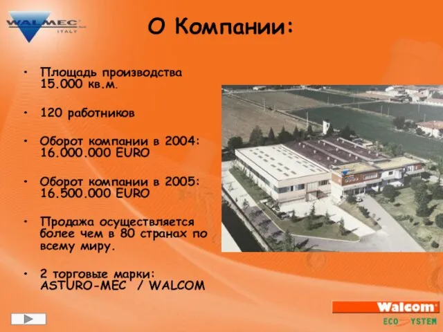 Площадь производства 15.000 кв.м. 120 работников Оборот компании в 2004: 16.000.000 EURO