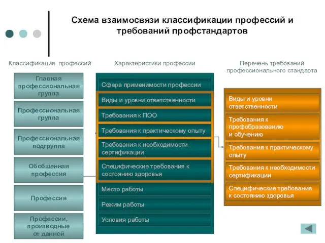 Схема взаимосвязи классификации профессий и требований профстандартов Главная профессиональная группа Профессиональная группа