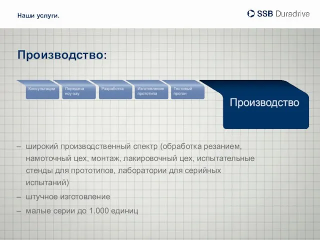 Производство: широкий производственный спектр (обработка резанием, намоточный цех, монтаж, лакировочный цех, испытательные