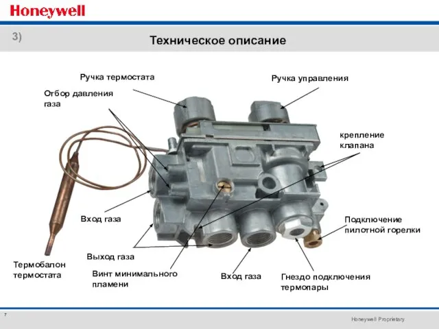 Техническое описание 3) Ручка термостата Выход газа Термобалон термостата Винт минимального пламени