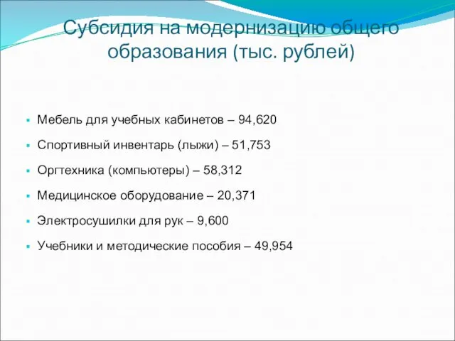 Субсидия на модернизацию общего образования (тыс. рублей) Мебель для учебных кабинетов –