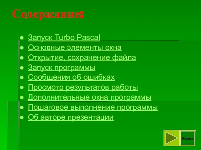 Содержание: Запуск Turbo Pascal Основные элементы окна Открытие, сохранение файла Запуск программы