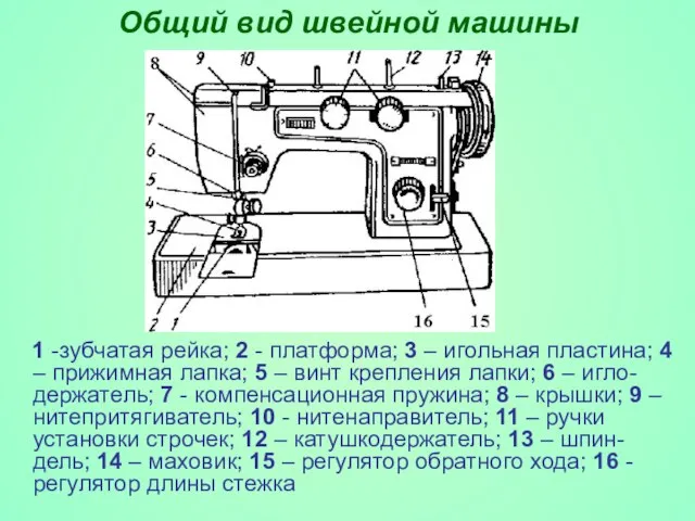 Общий вид швейной машины 1 -зубчатая рейка; 2 - платформа; 3 –