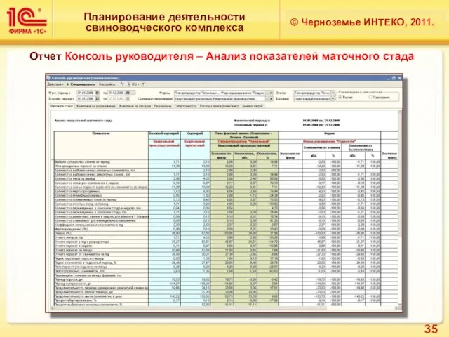 Планирование деятельности свиноводческого комплекса © Черноземье ИНТЕКО, 2011. Отчет Консоль руководителя – Анализ показателей маточного стада