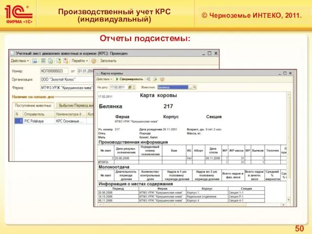 Производственный учет КРС (индивидуальный) © Черноземье ИНТЕКО, 2011. Отчеты подсистемы: