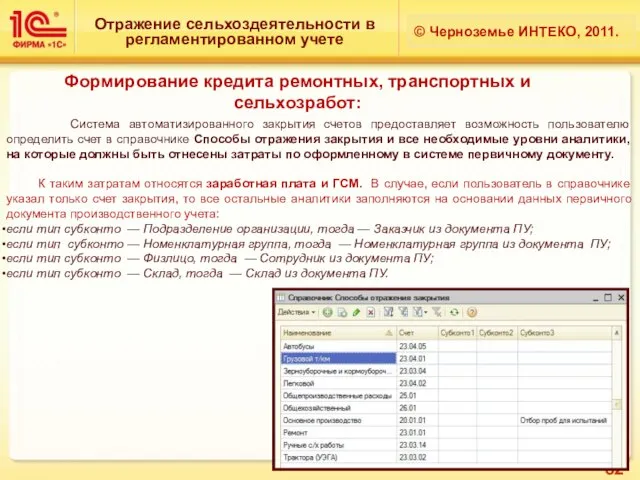 Отражение сельхоздеятельности в регламентированном учете © Черноземье ИНТЕКО, 2011. Формирование кредита ремонтных,