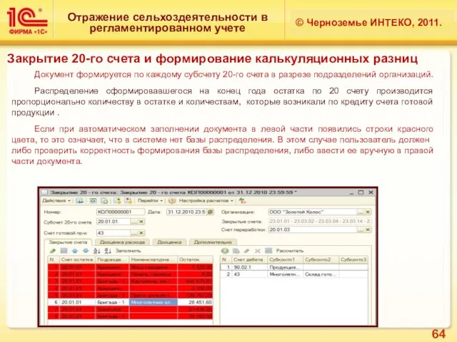 Отражение сельхоздеятельности в регламентированном учете © Черноземье ИНТЕКО, 2011. Закрытие 20-го счета