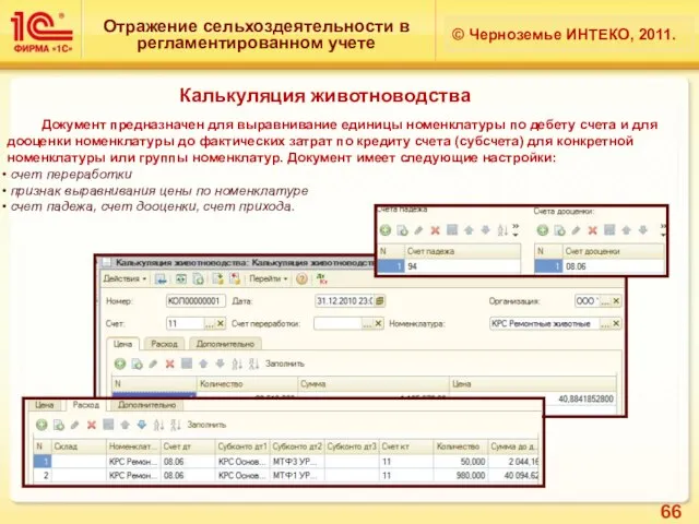 Отражение сельхоздеятельности в регламентированном учете © Черноземье ИНТЕКО, 2011. Калькуляция животноводства Документ