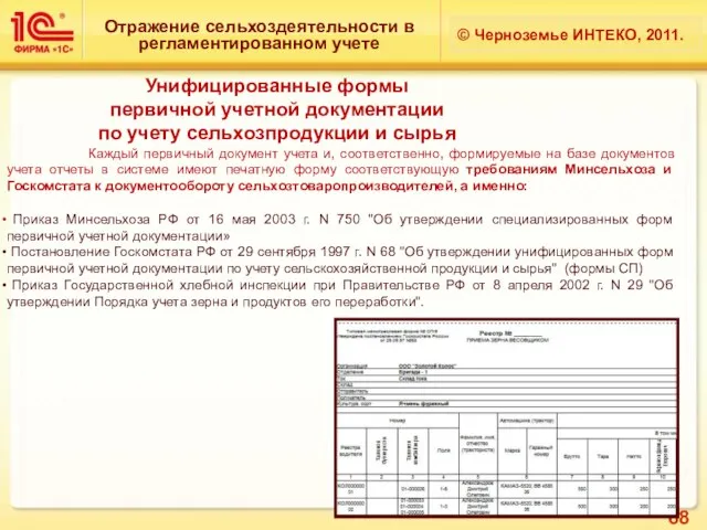 Отражение сельхоздеятельности в регламентированном учете © Черноземье ИНТЕКО, 2011. Унифицированные формы первичной