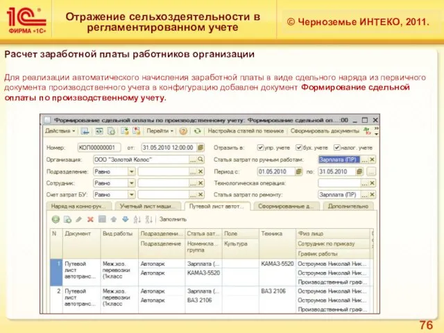 Отражение сельхоздеятельности в регламентированном учете © Черноземье ИНТЕКО, 2011. Расчет заработной платы