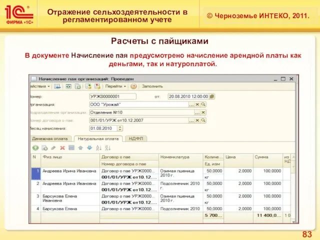 Отражение сельхоздеятельности в регламентированном учете © Черноземье ИНТЕКО, 2011. Расчеты с пайщиками