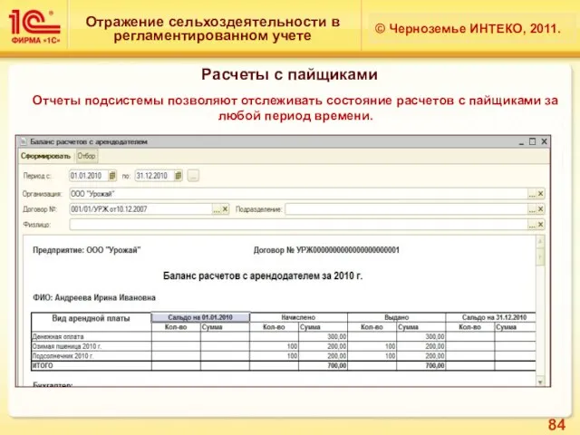 Отражение сельхоздеятельности в регламентированном учете © Черноземье ИНТЕКО, 2011. Расчеты с пайщиками