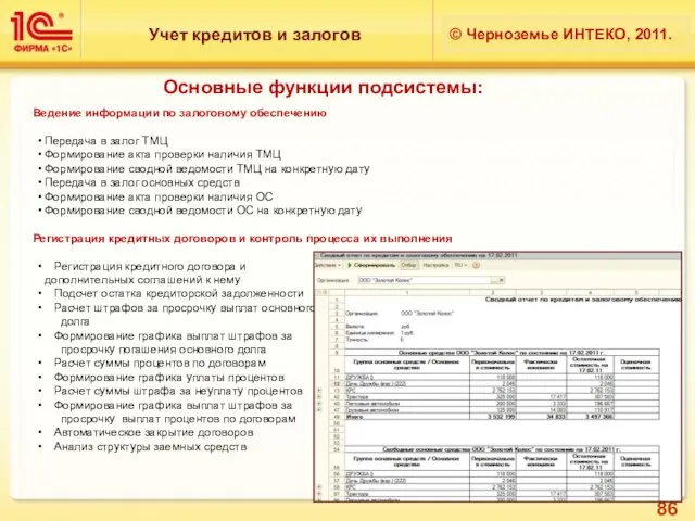 Учет кредитов и залогов © Черноземье ИНТЕКО, 2011. Основные функции подсистемы: Ведение