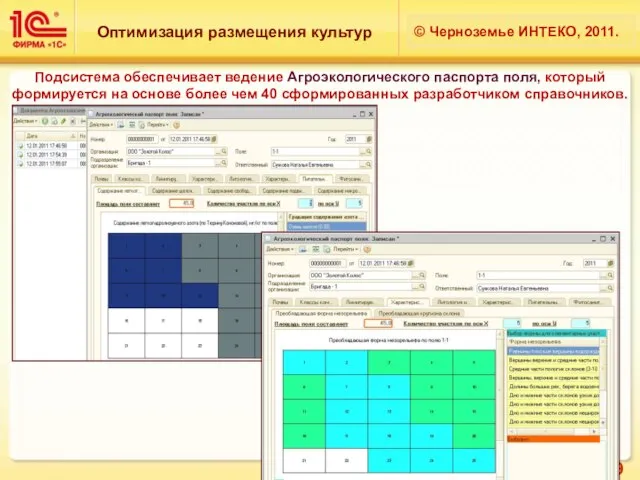Оптимизация размещения культур © Черноземье ИНТЕКО, 2011. Подсистема обеспечивает ведение Агроэкологического паспорта
