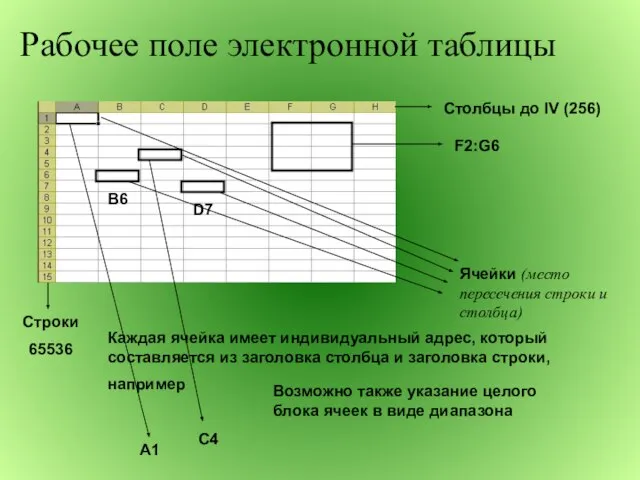 Рабочее поле электронной таблицы Строки 65536 Столбцы до IV (256) Ячейки (место