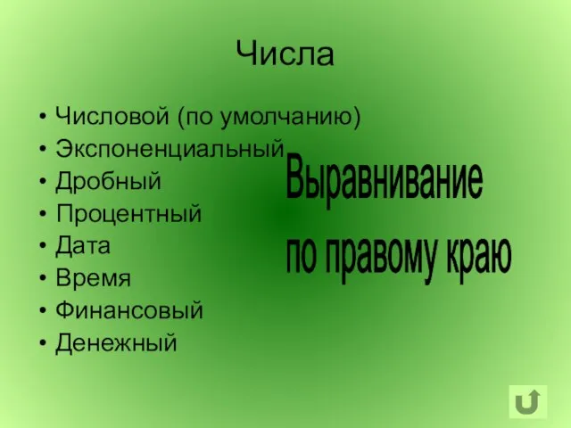 Числа Числовой (по умолчанию) Экспоненциальный Дробный Процентный Дата Время Финансовый Денежный Выравнивание по правому краю