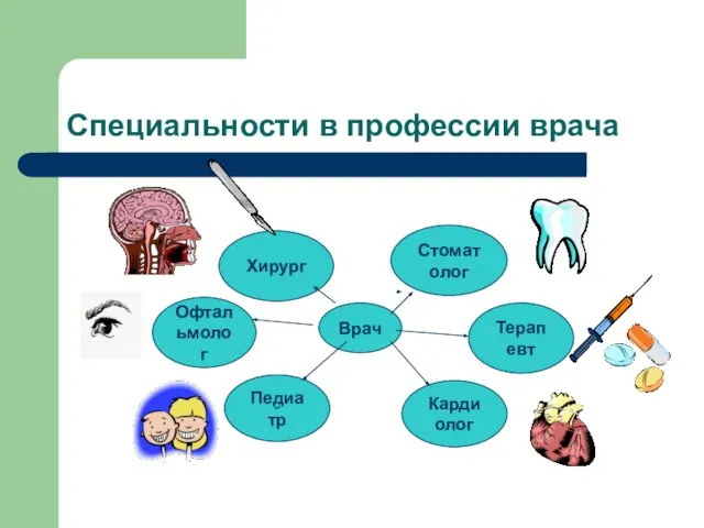 Специальности в профессии врача Врач Офтальмолог Терапевт Хирург Стоматолог Кардиолог Педиатр