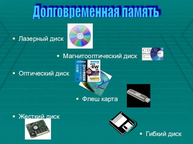 Лазерный диск Магнитооптический диск Оптический диск Флеш карта Жесткий диск Гибкий диск Долговременная память