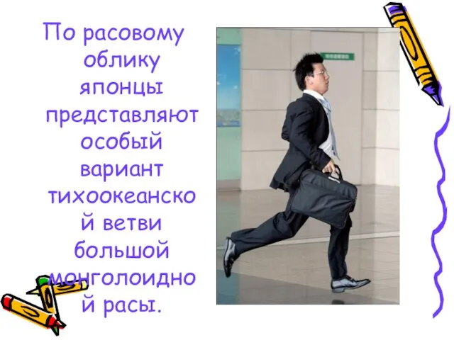 По расовому облику японцы представляют особый вариант тихоокеанской ветви большой монголоидной расы.