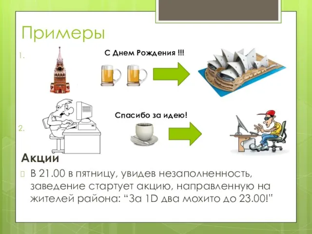 Примеры Акции В 21.00 в пятницу, увидев незаполненность, заведение стартует акцию, направленную