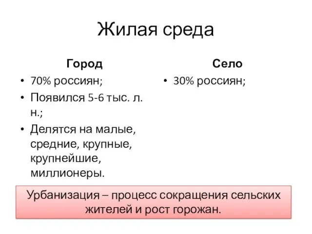 Жилая среда Город 70% россиян; Появился 5-6 тыс. л.н.; Делятся на малые,