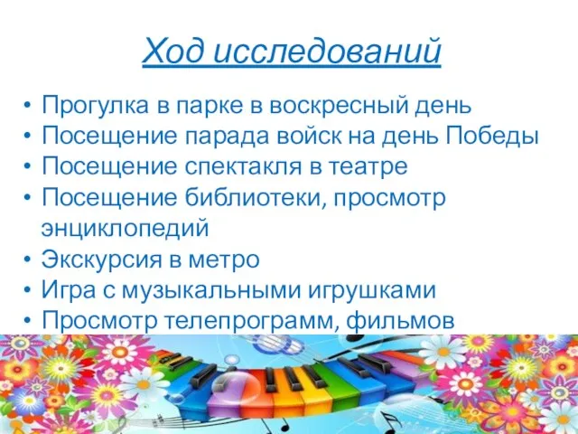 Ход исследований Прогулка в парке в воскресный день Посещение парада войск на