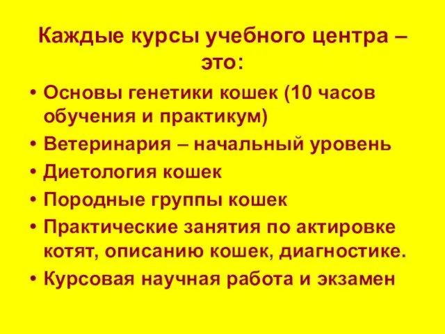 Каждые курсы учебного центра – это: Основы генетики кошек (10 часов обучения