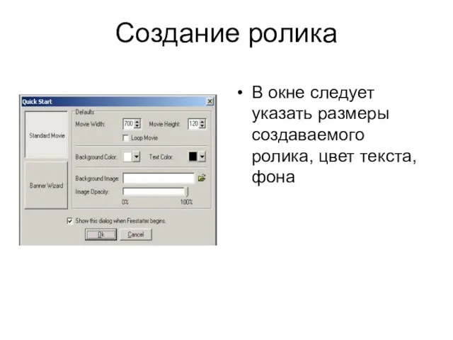 Создание ролика В окне следует указать размеры создаваемого ролика, цвет текста, фона