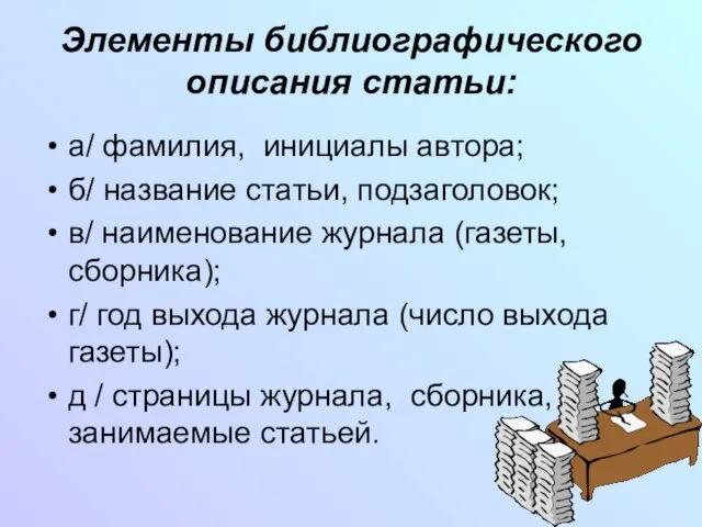 Элементы библиографического описания статьи: а/ фамилия, инициалы автора; б/ название статьи, подзаголовок;