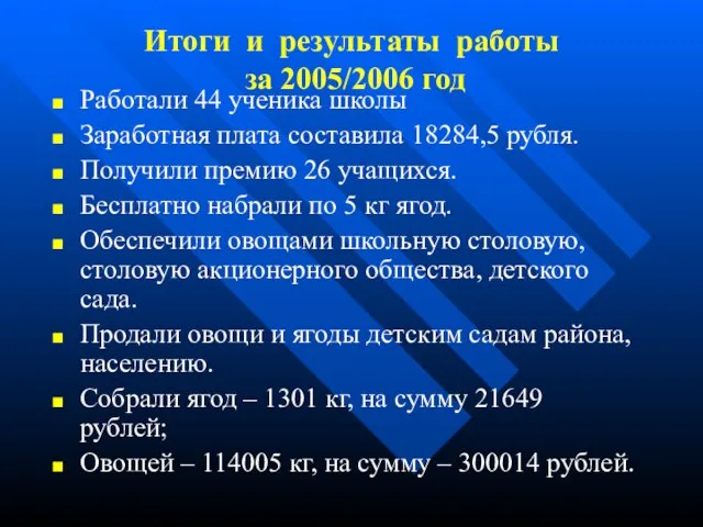 Итоги и результаты работы за 2005/2006 год Работали 44 ученика школы Заработная