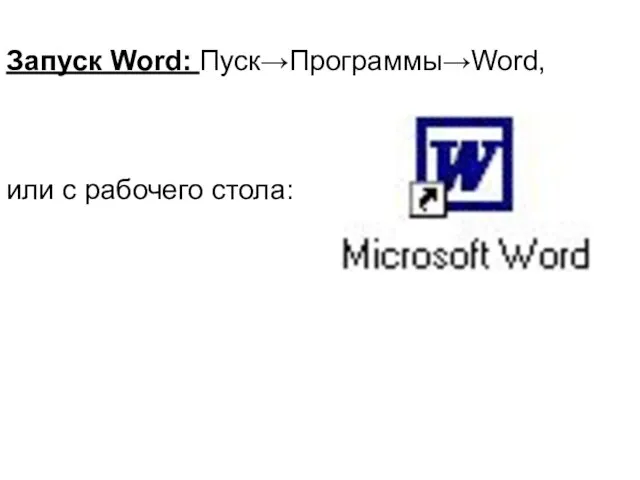 Запуск Word: Пуск→Программы→Word, или с рабочего стола: