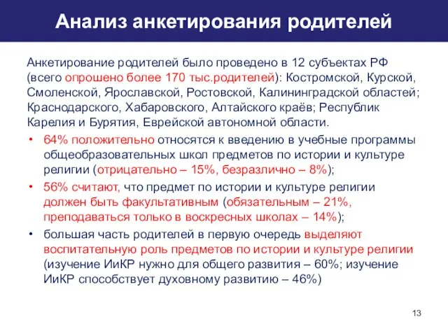 Анализ анкетирования родителей Анкетирование родителей было проведено в 12 субъектах РФ (всего