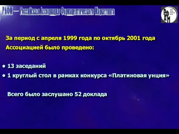 За период с апреля 1999 года по октябрь 2001 года Ассоциацией было