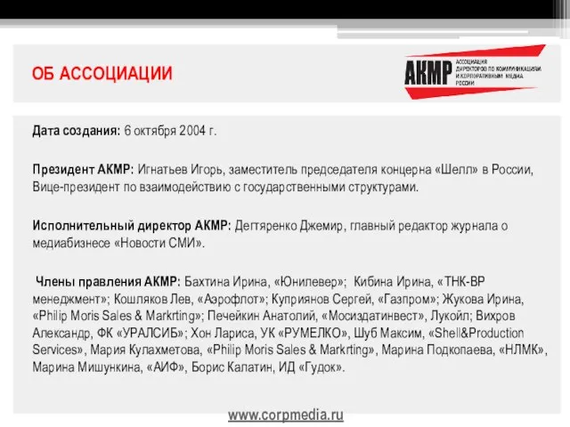 ОБ АССОЦИАЦИИ Дата создания: 6 октября 2004 г. Президент АКМР: Игнатьев Игорь,