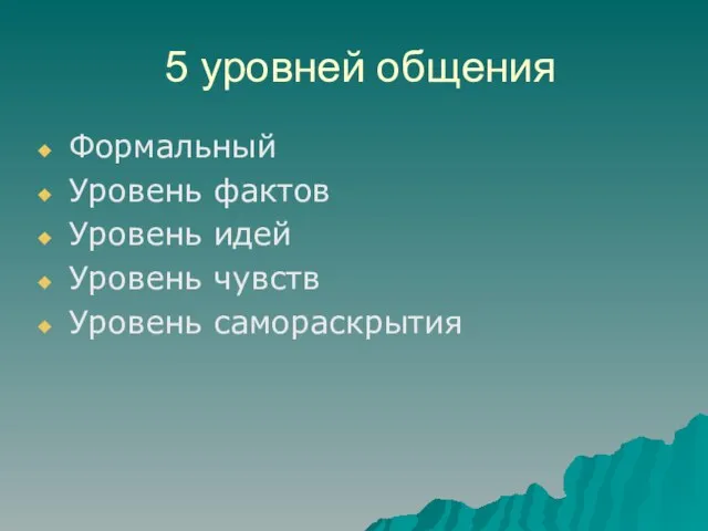 5 уровней общения Формальный Уровень фактов Уровень идей Уровень чувств Уровень самораскрытия