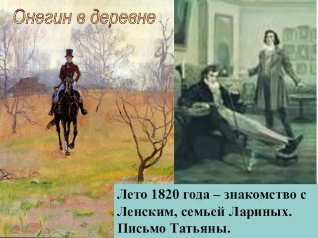 Лето 1820 года – знакомство с Ленским, семьей Лариных. Письмо Татьяны. Онегин в деревне