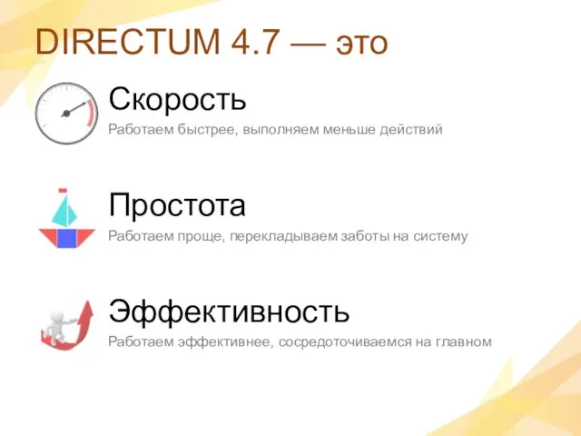 DIRECTUM 4.7 — это Скорость Работаем быстрее, выполняем меньше действий Простота Работаем