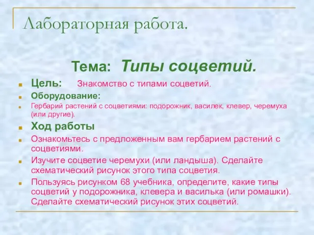 Лабораторная работа. Тема: Типы соцветий. Цель: Знакомство с типами соцветий. Оборудование: Гербарий