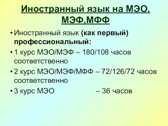 Иностранный язык на МЭО,МЭФ,МФФ Иностранный язык (как первый) профессиональный: 1 курс МЭО/МЭФ