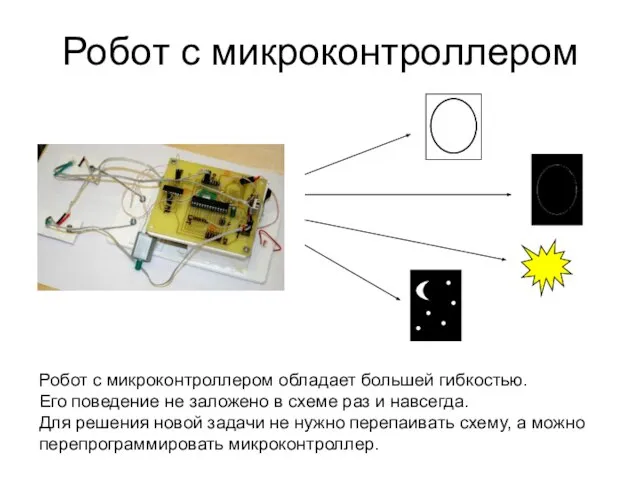 Робот с микроконтроллером обладает большей гибкостью. Его поведение не заложено в схеме