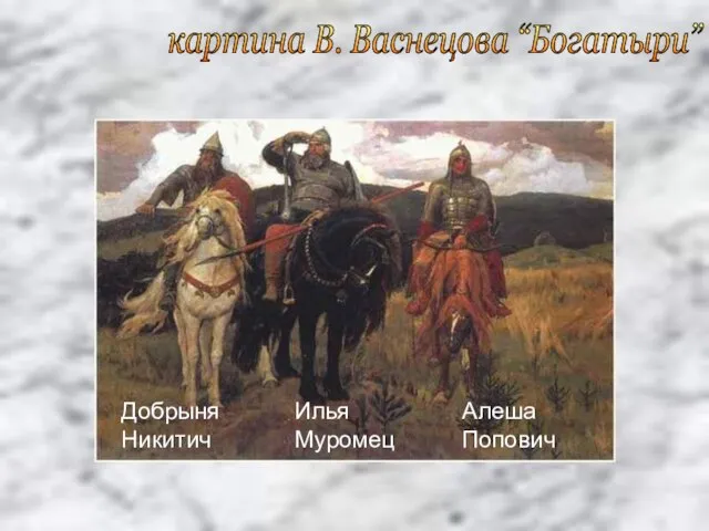 Добрыня Никитич Илья Муромец Алеша Попович картина В. Васнецова “Богатыри”