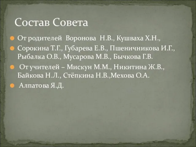 От родителей Воронова Н.В., Кушваха Х.Н., Сорокина Т.Г., Губарева Е.В., Пшеничникова И.Г.,Рыбалка