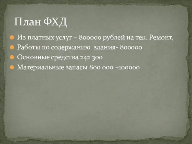 Из платных услуг – 800000 рублей на тек. Ремонт, Работы по содержанию