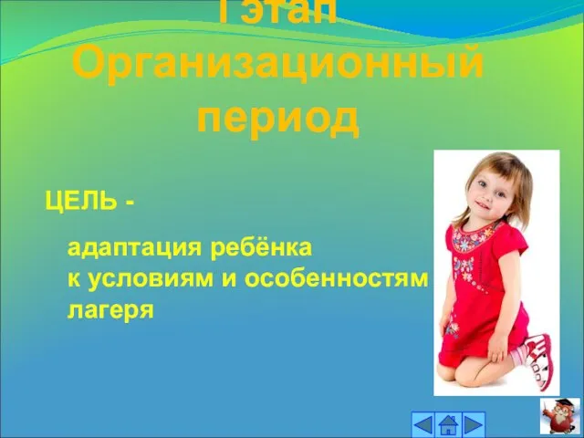 I этап Организационный период ЦЕЛЬ - адаптация ребёнка к условиям и особенностям лагеря