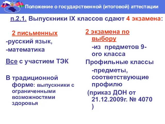 п.2.1. Выпускники IX классов сдают 4 экзамена: 2 письменных -русский язык, -математика