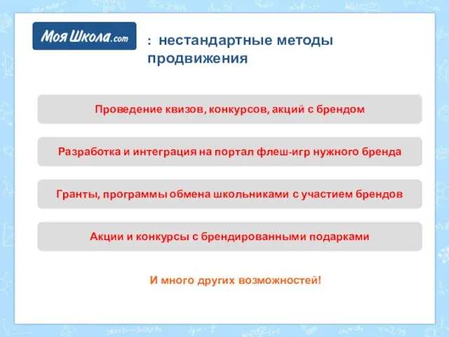 : нестандартные методы продвижения Проведение квизов, конкурсов, акций с брендом Разработка и